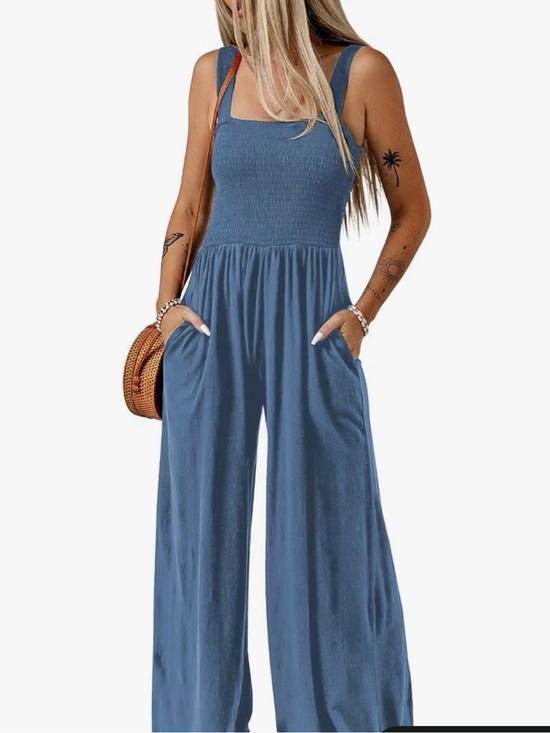 Pants - Women’s Blue Wide-Leg Jumpsuit with Smocked Bodice